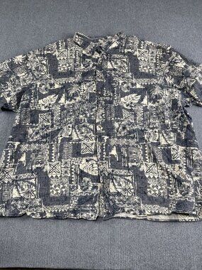 Harbor Bay 5XL Mens Hawaiian Print Button-Down Shirt Navy & Cream Short Sleeve